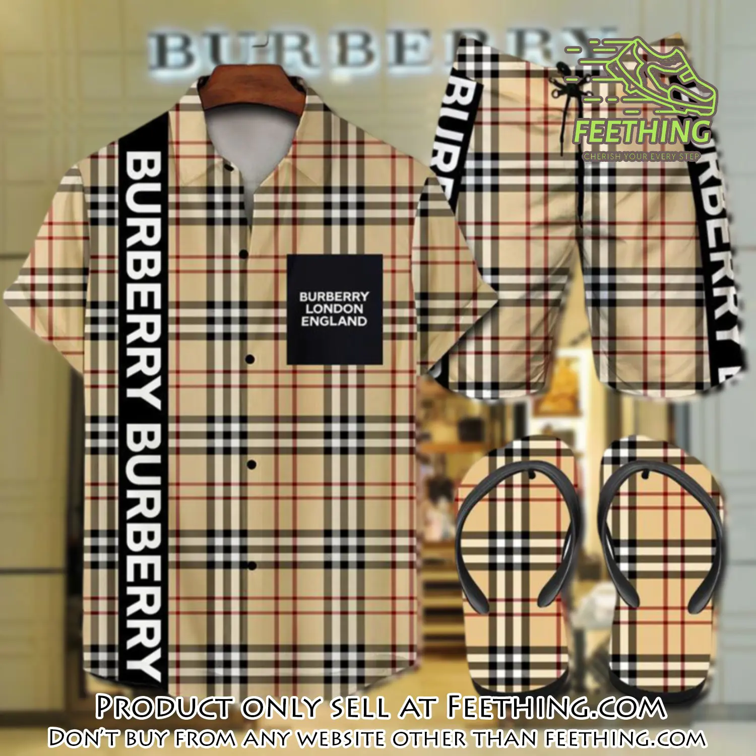 Burberry flip flops and combo hawaii shirt shorts luxury brand summer outfit hsf212 ft4943120